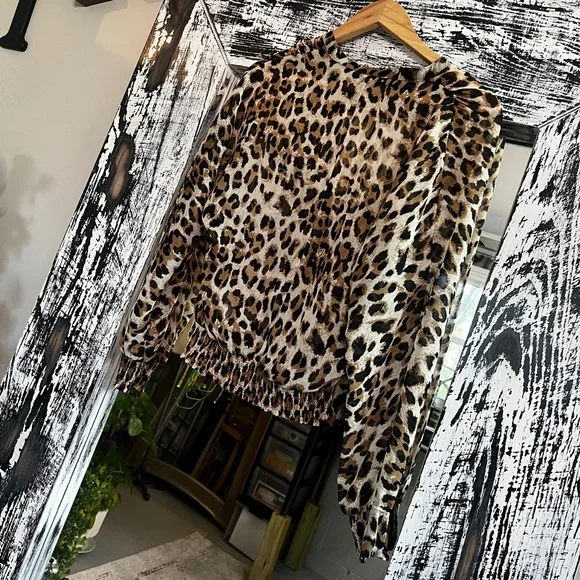 EUC [Guess] Sheer Leopard Top | Smocked Button Down Shirt Cheetah Blouse | Small - Picture 10 of 14